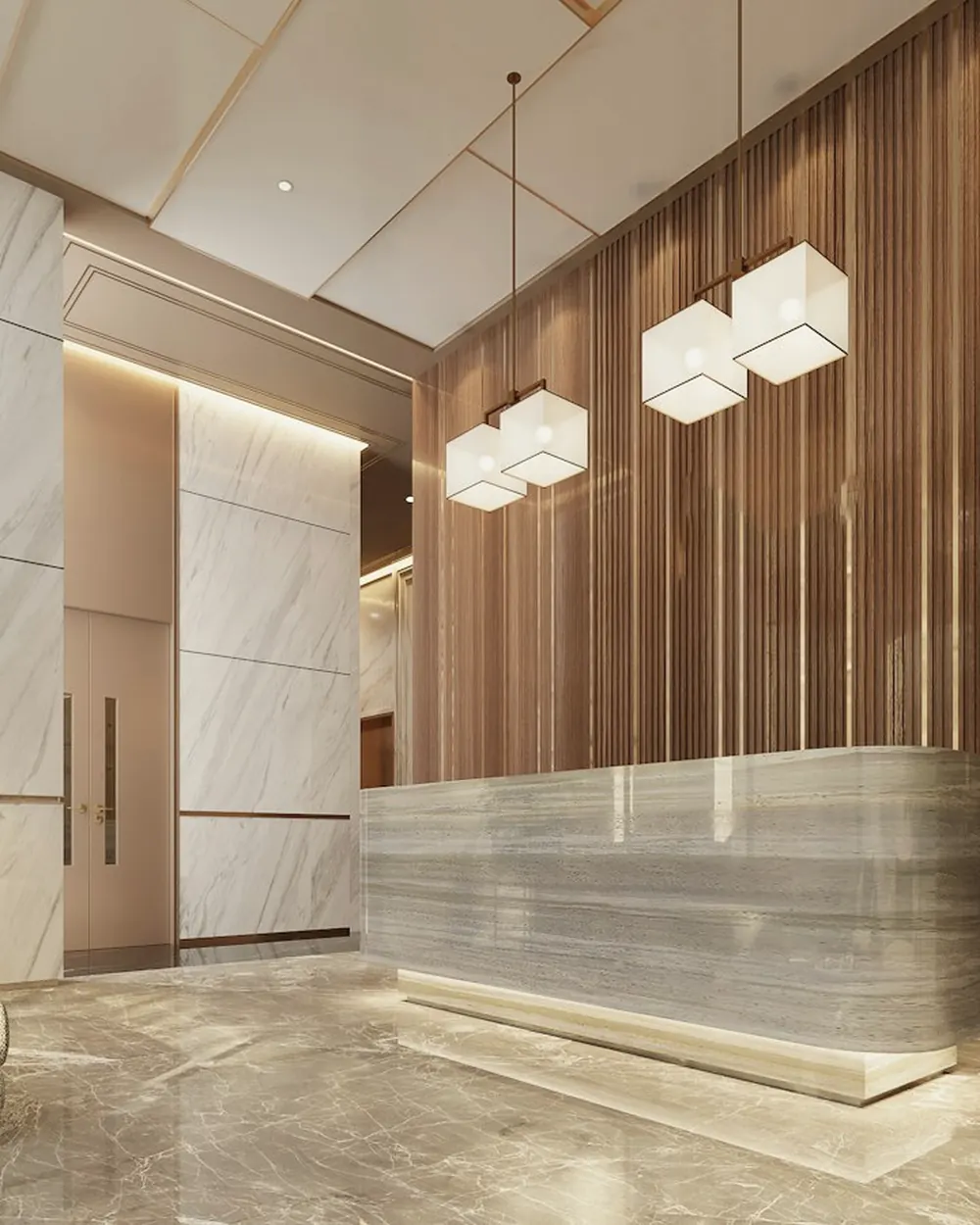 Lobby de l'hôtel, marbre et lumière chaude