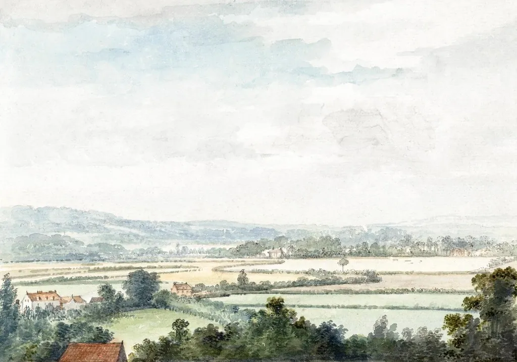 Aquarelle : une vallée embrumée, un village au loin
