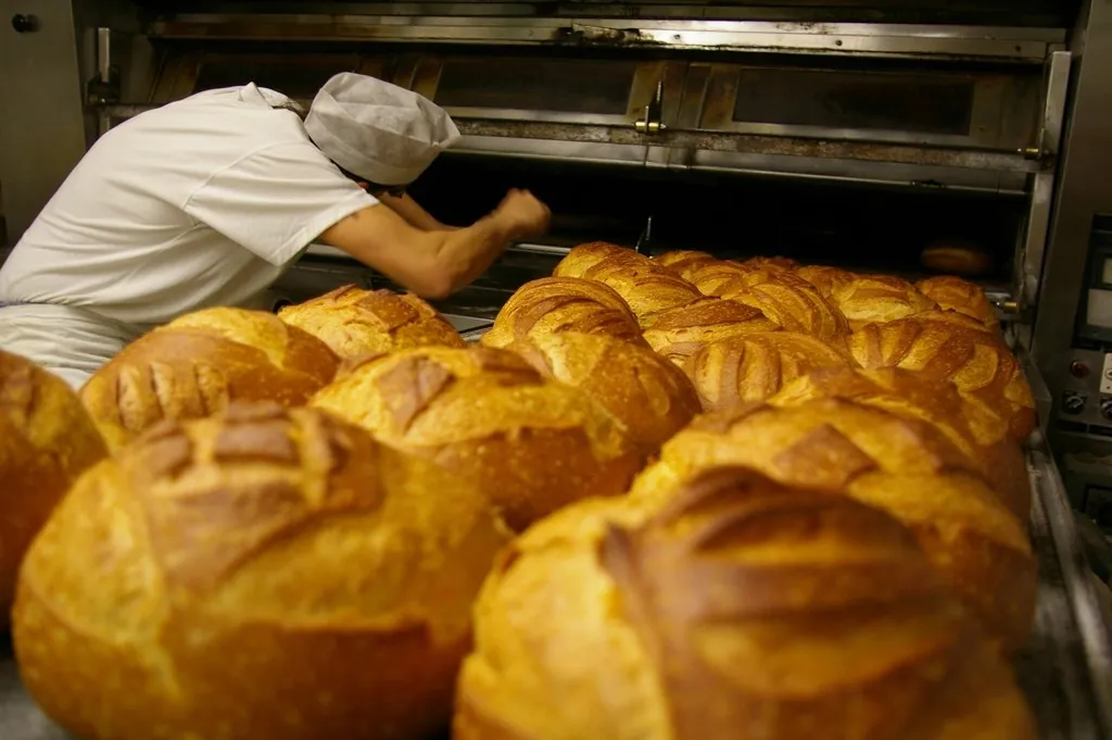 Un boulanger enfourne des miches dorées dans le four à sole