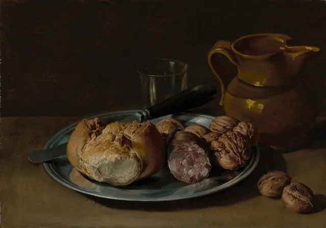 Tableau ancien : pain, salami et noix sur une table sombre