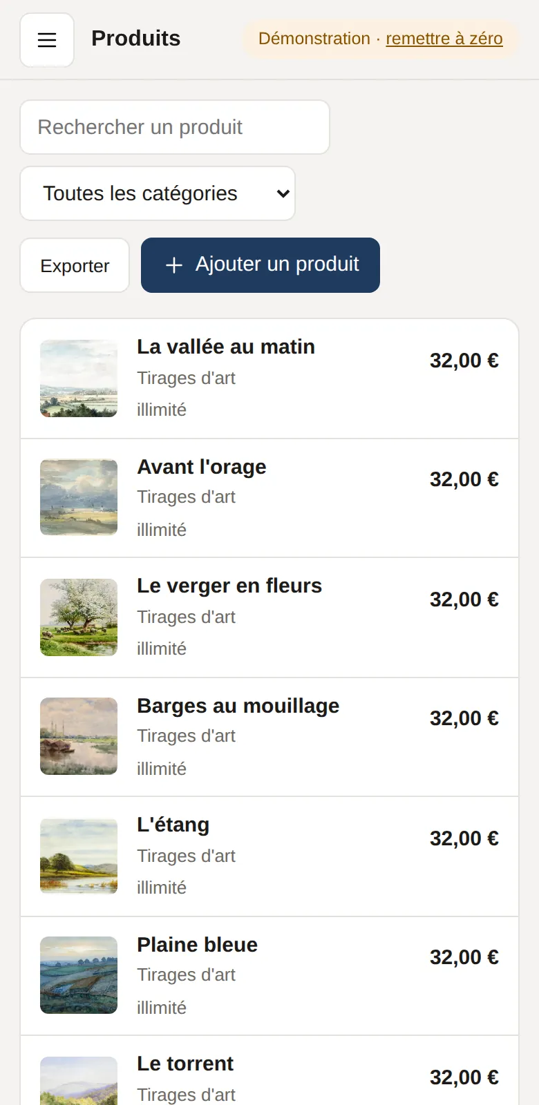 Espace de gestion sur téléphone : liste des produits