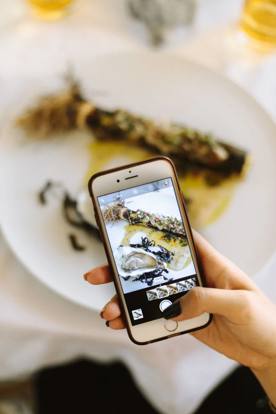 Une main tient un téléphone au-dessus d'une assiette et cadre le plat à l'écran