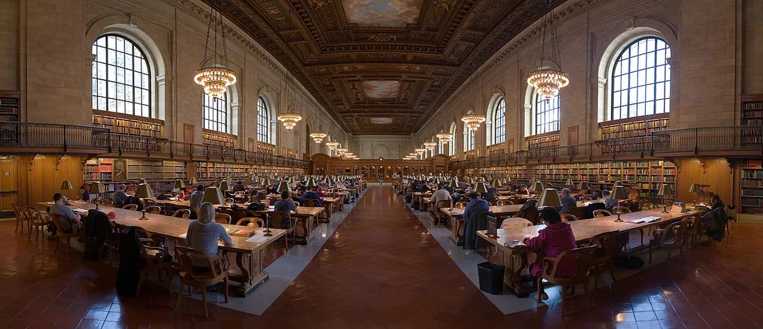 La salle de lecture et ses rayonnages